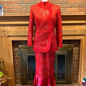 EUC Sz 6 vintage Nubiano red and gold metallic 2pc skirt suit
